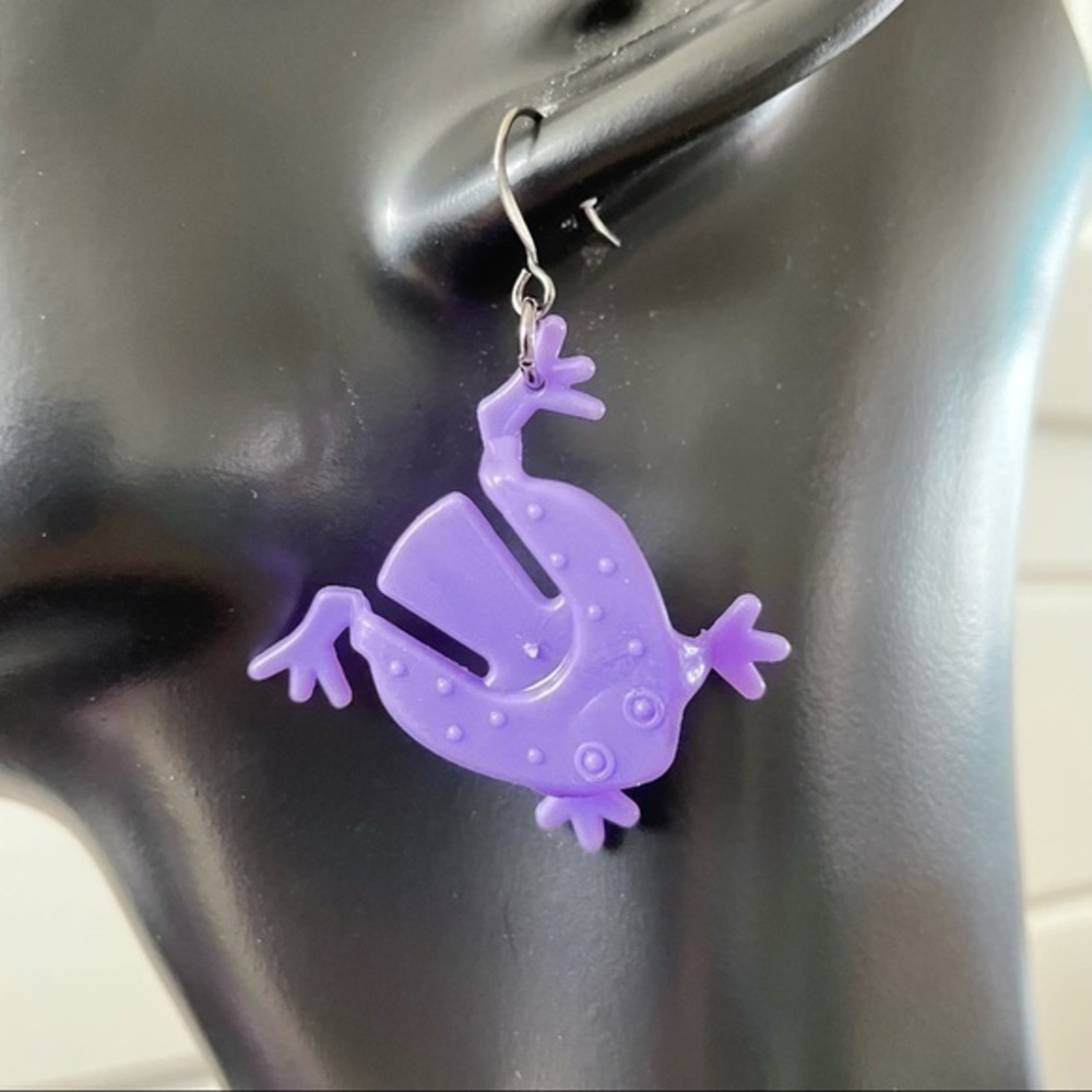 $10 SALE Handmade Purple Lavender Frog Statement Earrings 2” Nostalgia